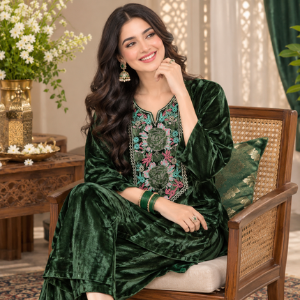 Green Velvet Floral Yoke Winter Kurta Set