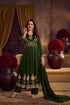 Emerald green gold embroidered Anarkali dupatta suit for women with flared silhouette, matching pants and embellished dupatta
