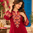 Magenta Pink Front-Back Embroidered Woolen Kurta Set