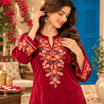 Magenta Pink Front-Back Embroidered Woolen Kurta Set