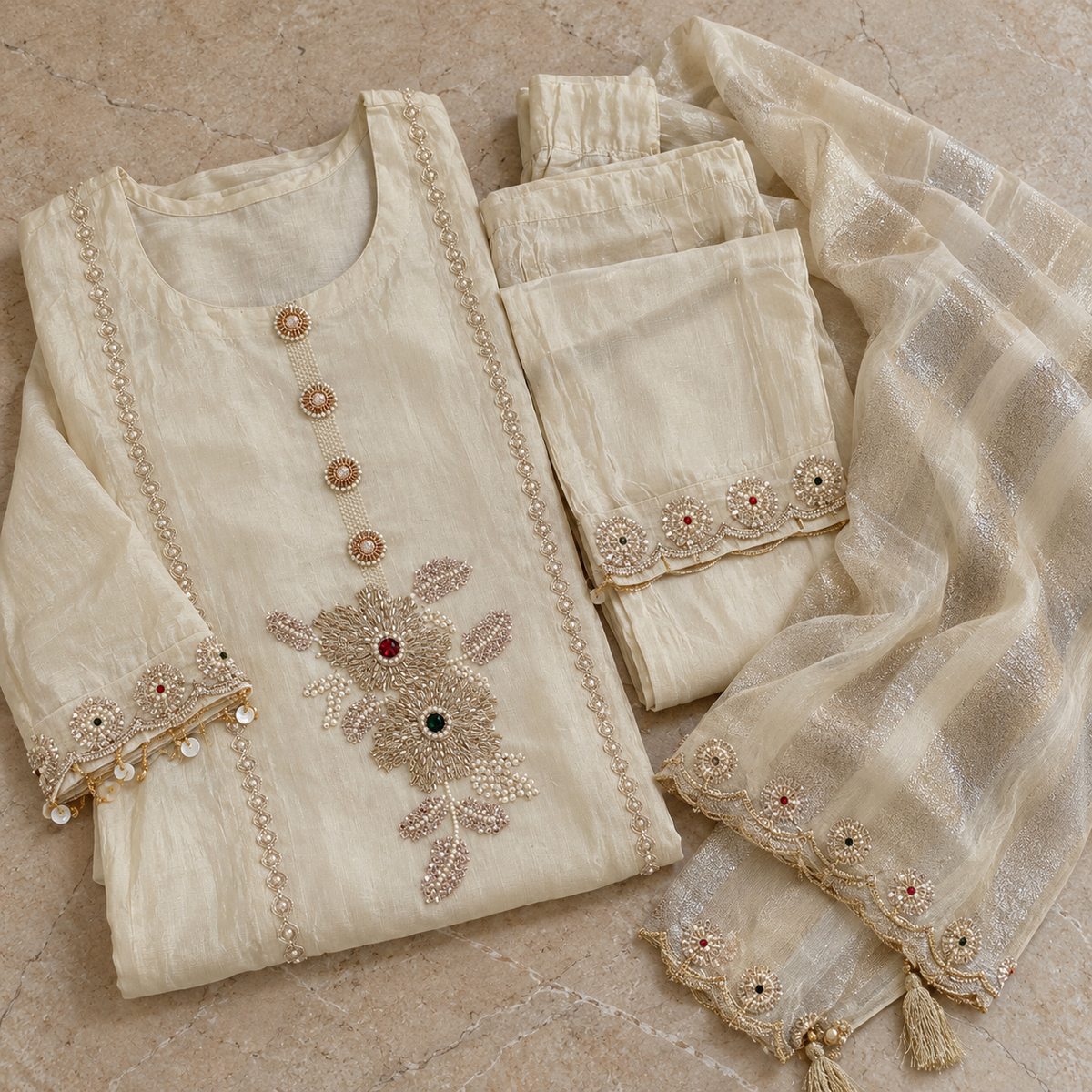 Ivory Pearl Handwork Tissue Dupatta Suit