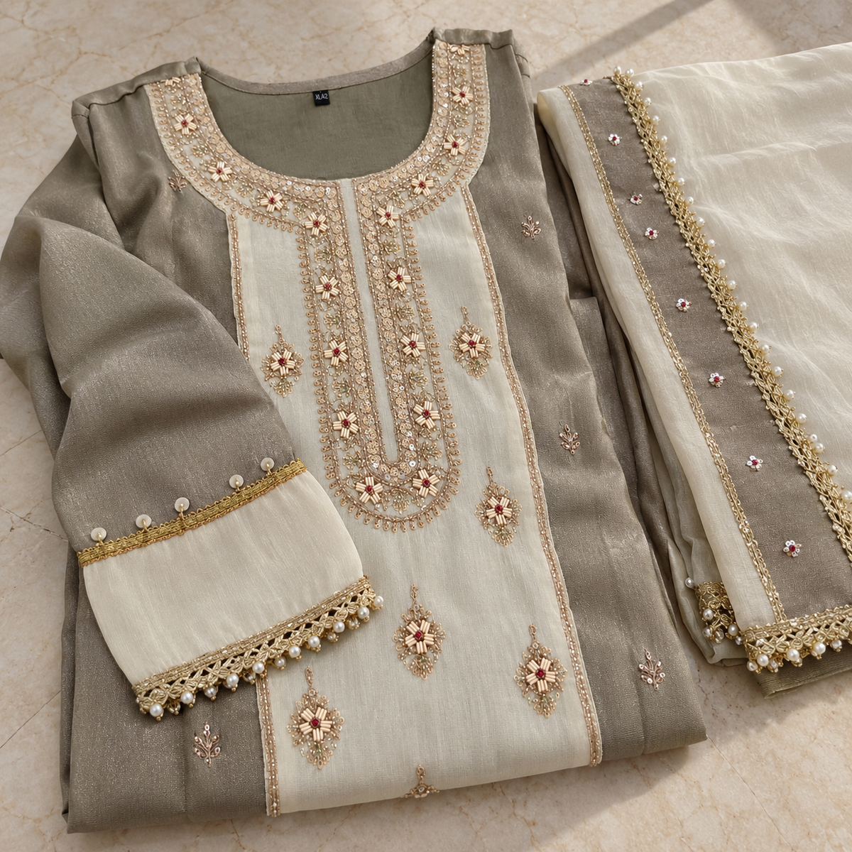 Metalic Cream Designer Dupatta Suit