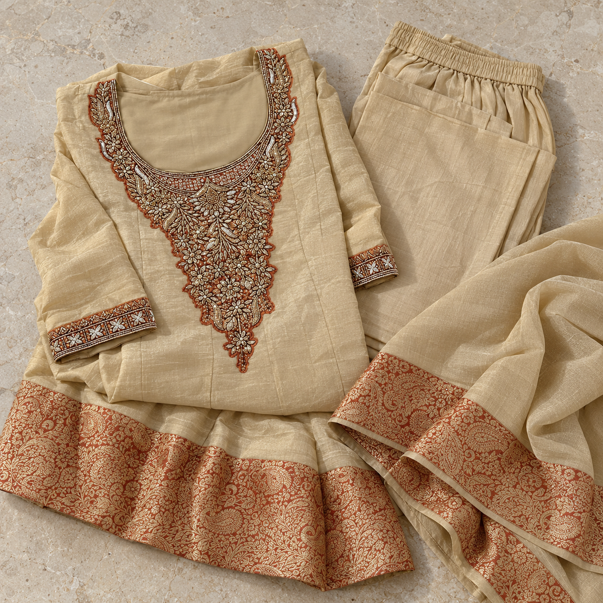 Ivory Ornate Neckline Broad Bordered Anarkali Dupatta Suit