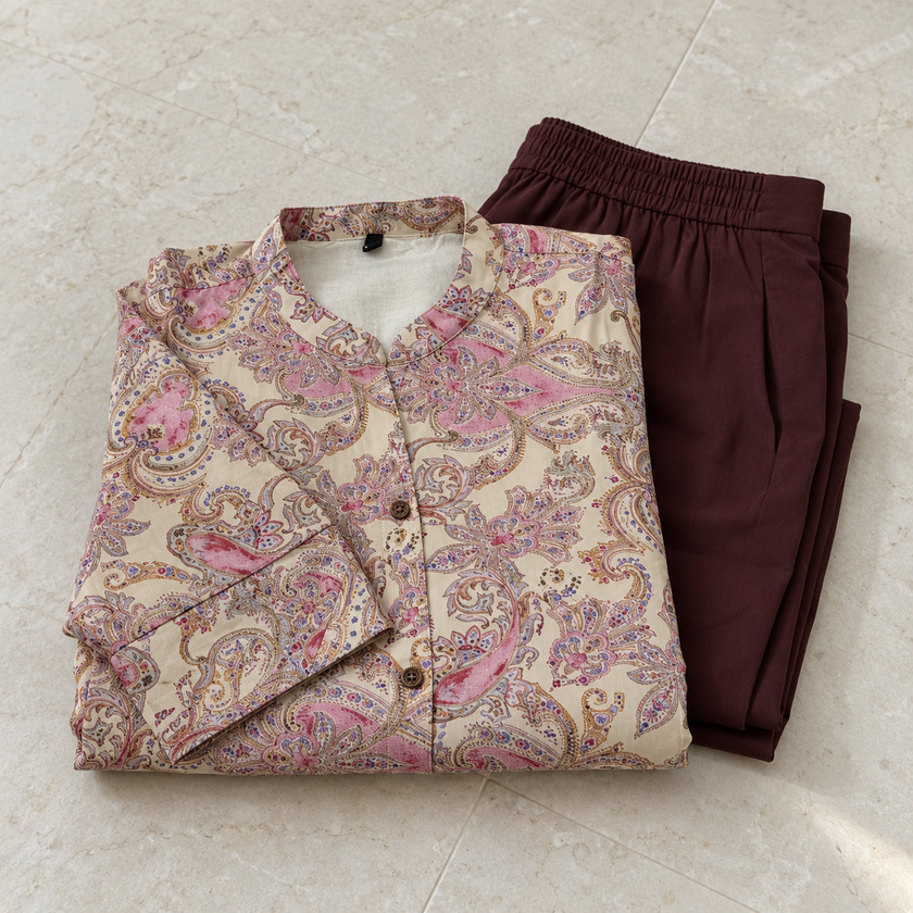 Printed Beige Pink With Brown Bottom Cord Set