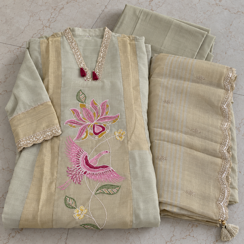 Golden-Cream Patch Embroidered  A-line Dupatta Suit