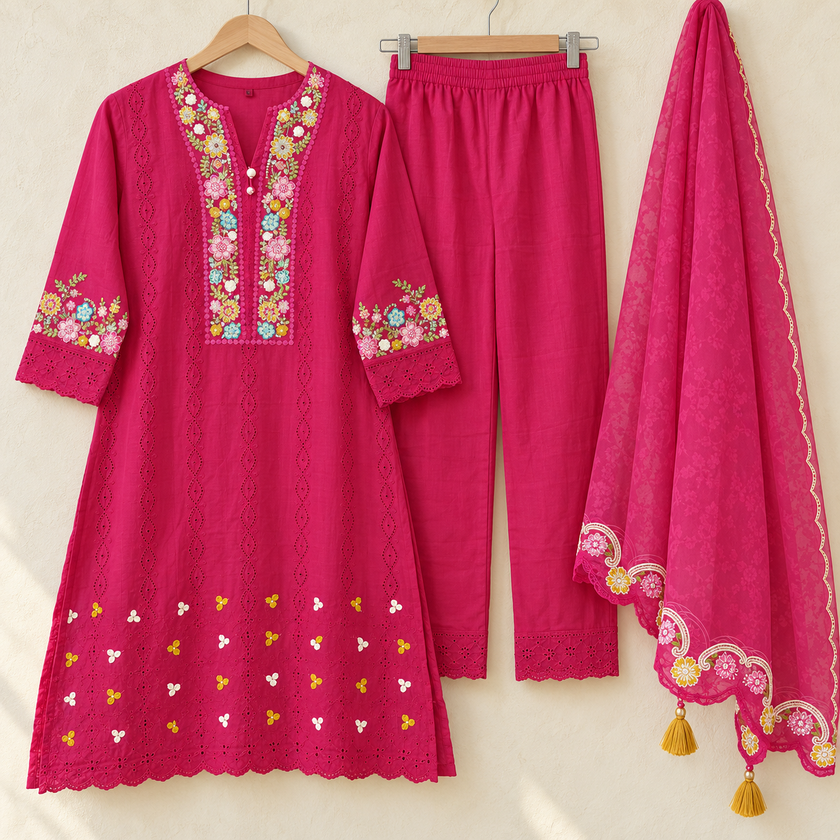 Magenta Pink Embroidered Dupatta Suit