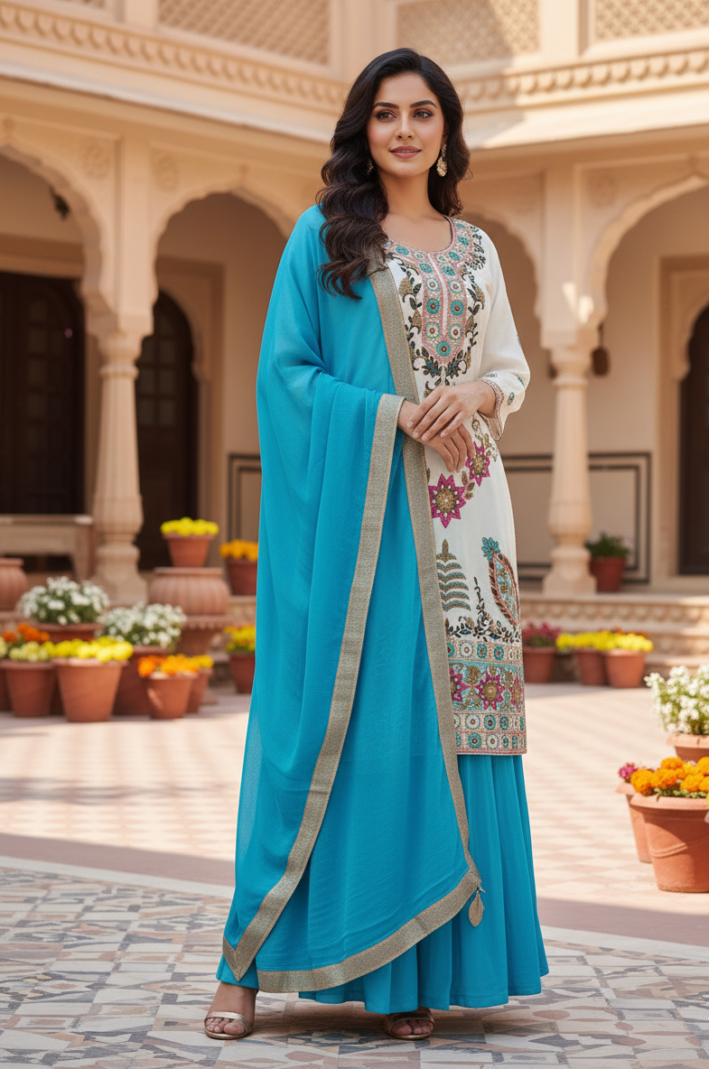 White Suit With Blue Lehnga
