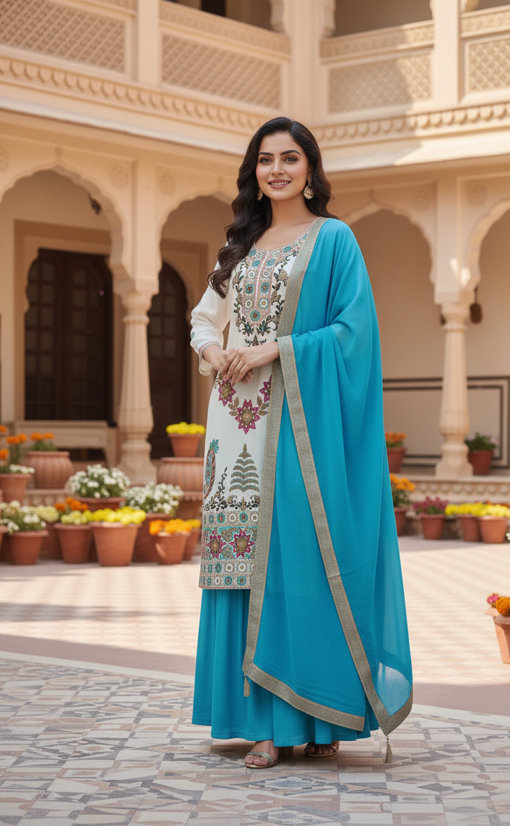 White Suit With Blue Lehnga
