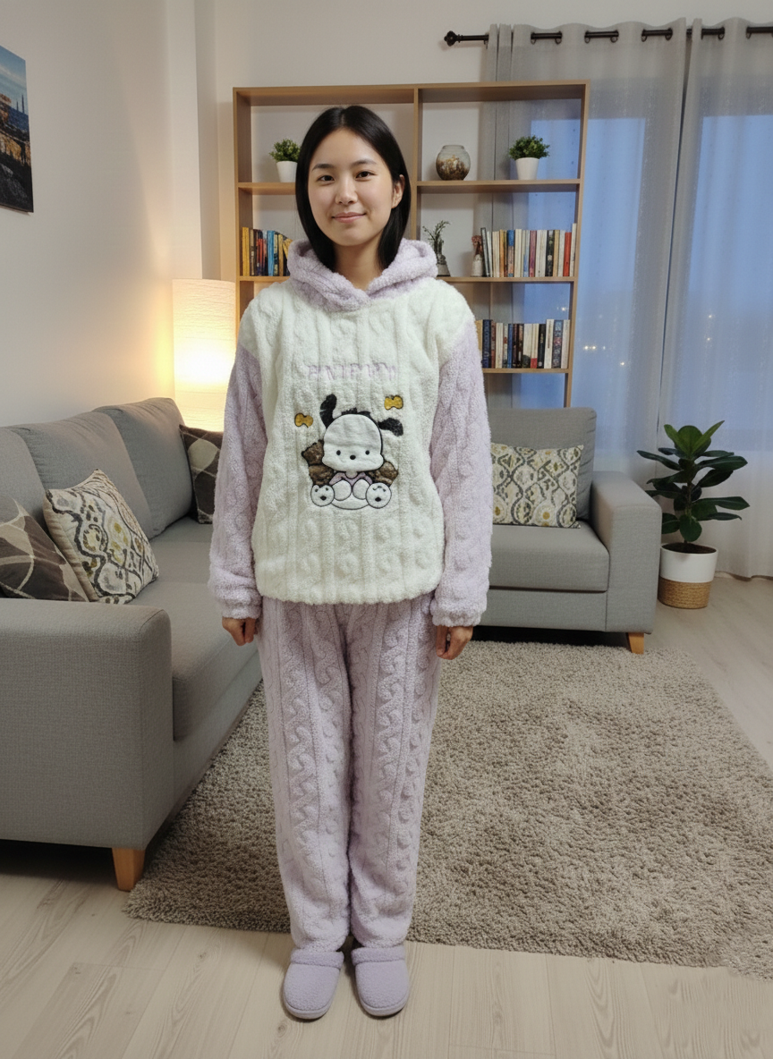 Purple Cream Night Suit With Pockets
