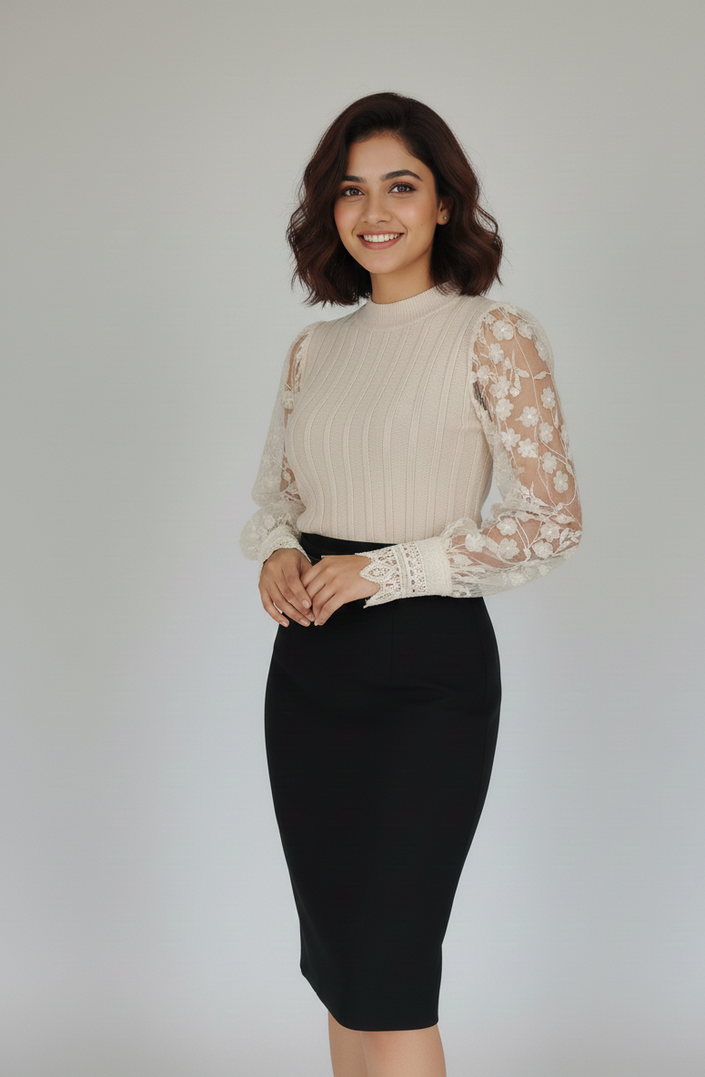Cream Floral Sleeve Knit Winter Top