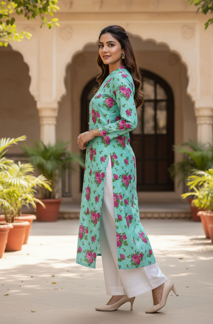 Sea Green Flowers Printed Kurta with White Pant