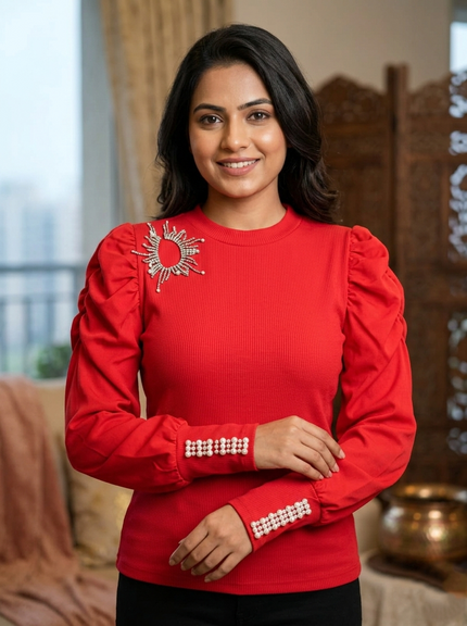 Red Top With Puffed Sleeves