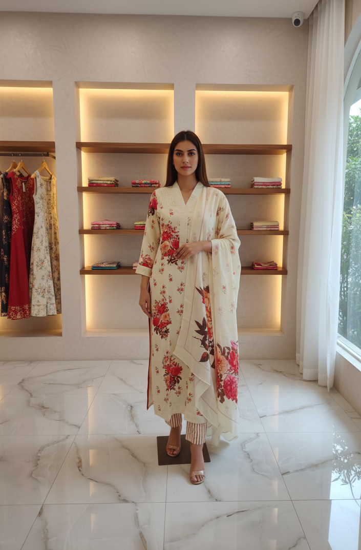 Off White Ethnic Rose Printed Dupatta Suit