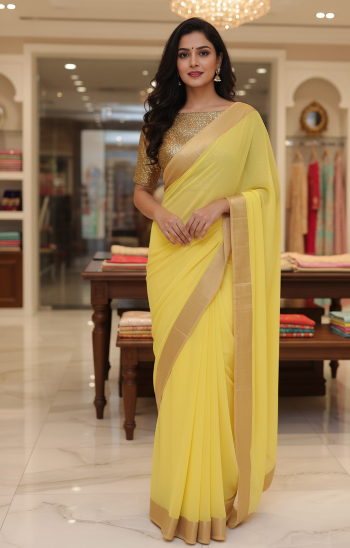 Lemon Colour Pure Chiffon Saree with Golden Border