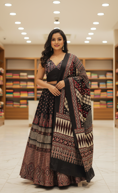Black Ethnic Printed Lehenga Set