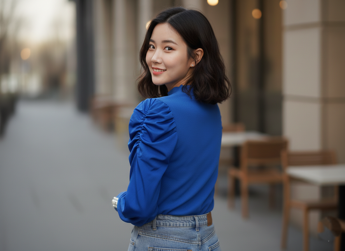 Royal Blue Top With Puffed Sleeves
