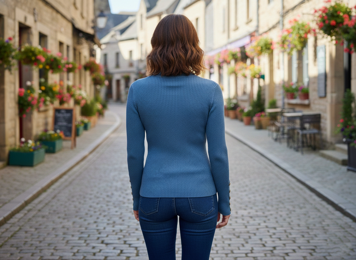 Blue Cropped Ribbed Knit Top