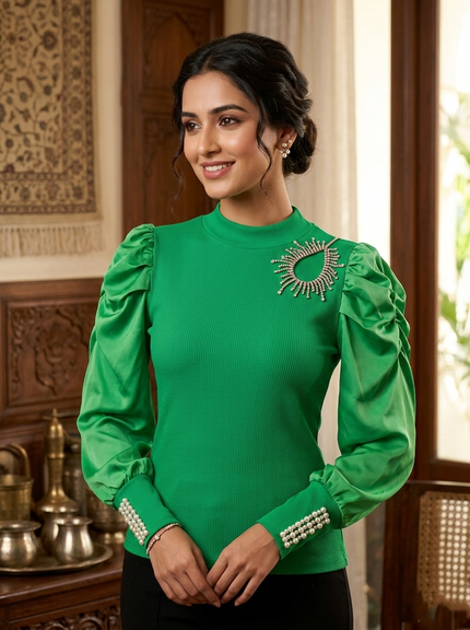 Emerald Green Ribbed Puff Sleeve Sweater