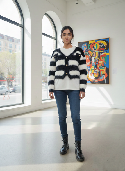 Black White Open Cropped Cardigan