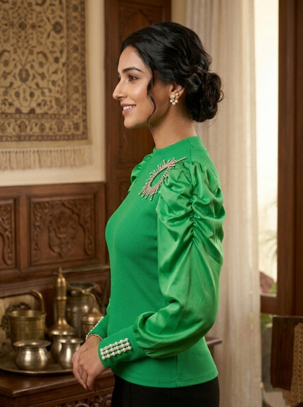 Emerald Green Ribbed Puff Sleeve Sweater