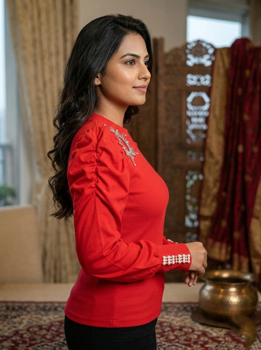 Red Top With Puffed Sleeves