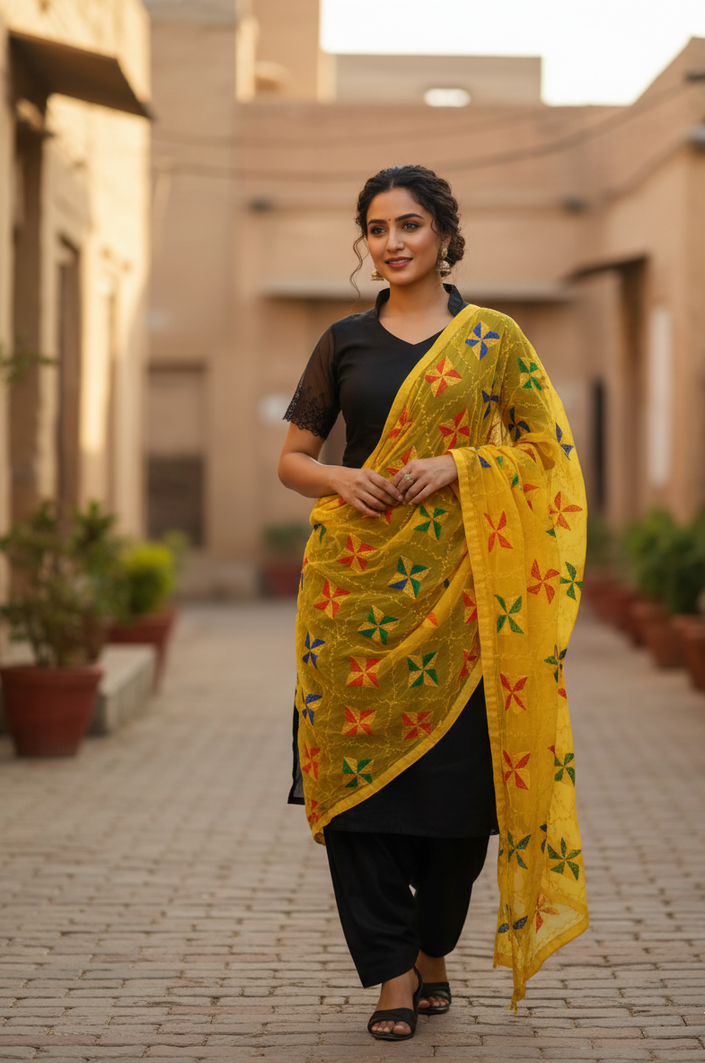 Black Suit With Yellow Dupatta