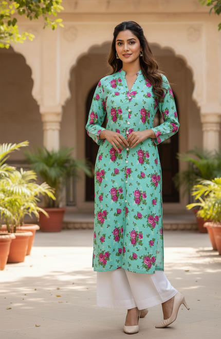 Sea Green Flowers Printed Kurta with White Pant