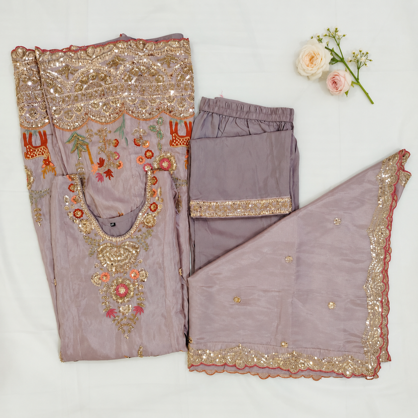 Mauve Hand Embroidered A-Line Dupatta Suit