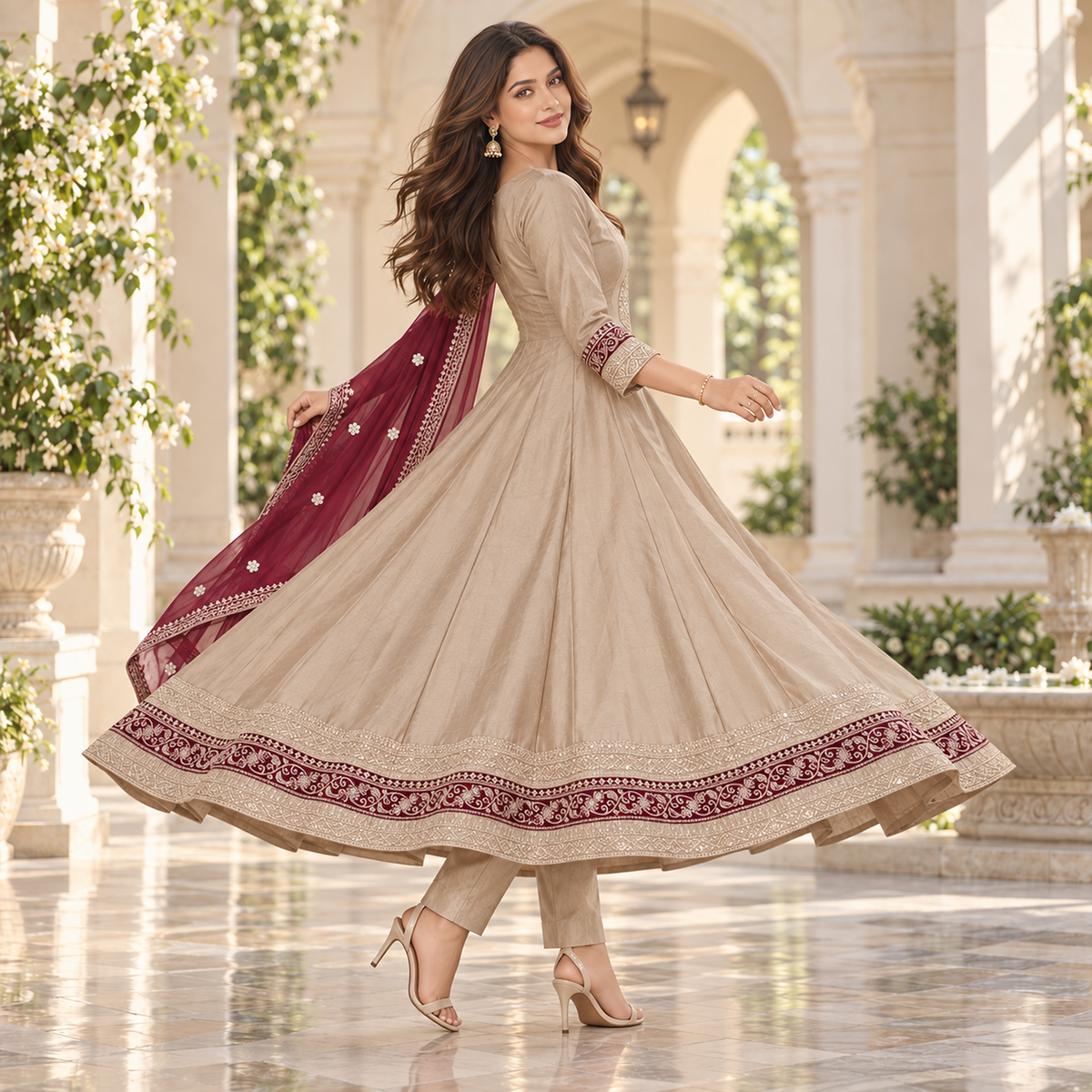 Golden Embroidered Anarkali Suit with Dupatta