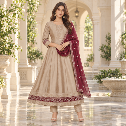 Golden Embroidered Anarkali Suit with Dupatta