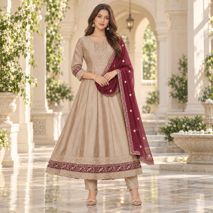 Golden Embroidered Anarkali Suit with Dupatta