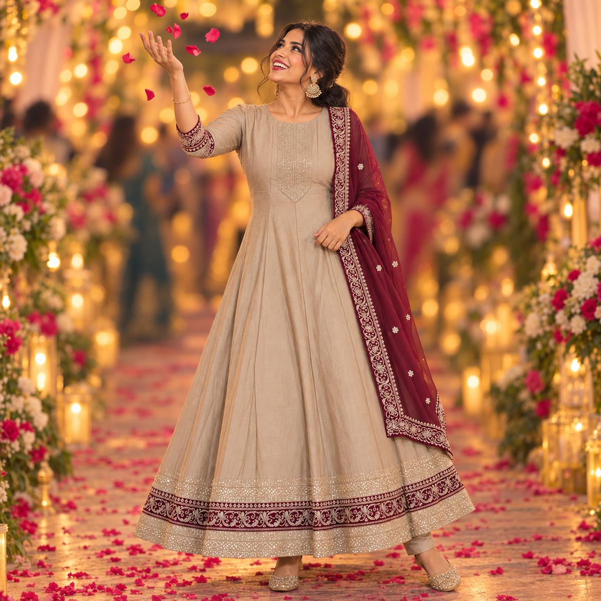 Golden Embroidered Anarkali Suit with Dupatta