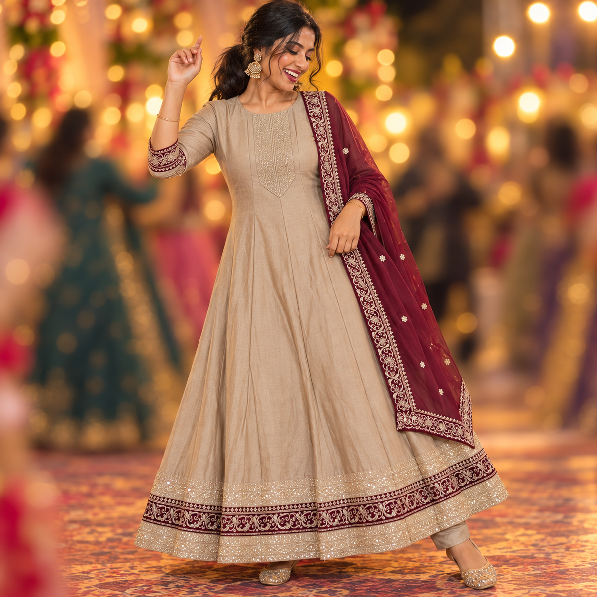 Golden Embroidered Anarkali Suit with Dupatta