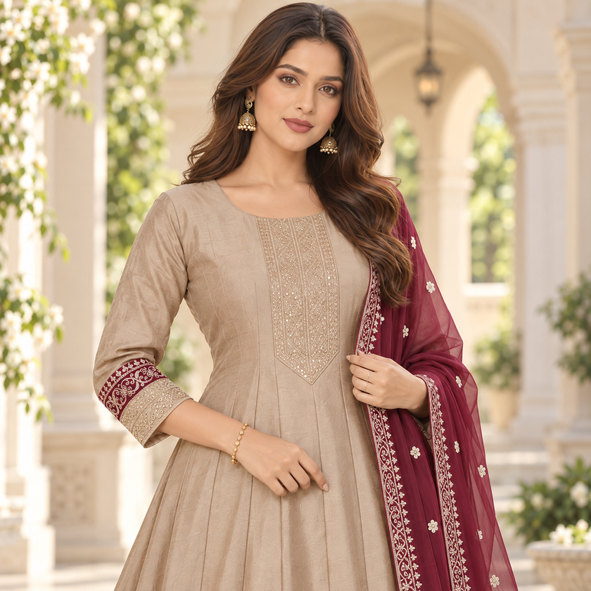 Golden Embroidered Anarkali Suit with Dupatta