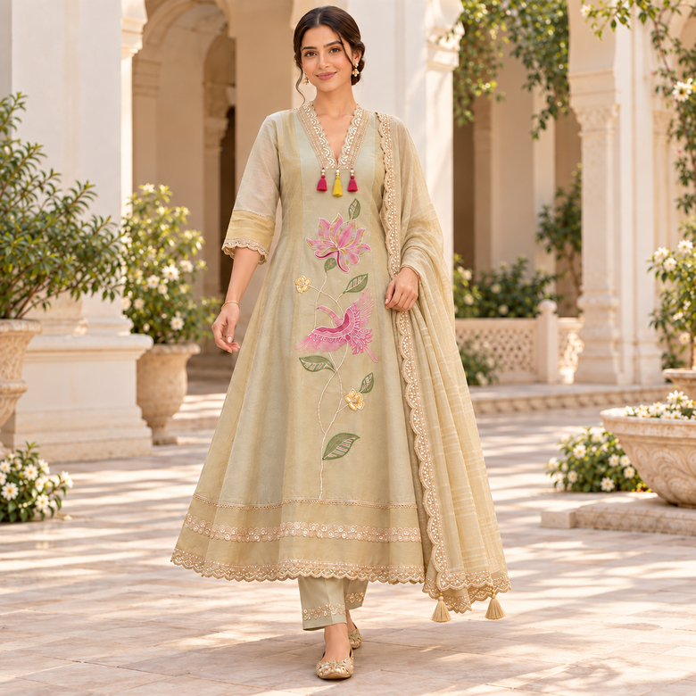 Golden cream embroidered A-line suit for women with pink bird and floral motifs, matching pants and embellished dupatta