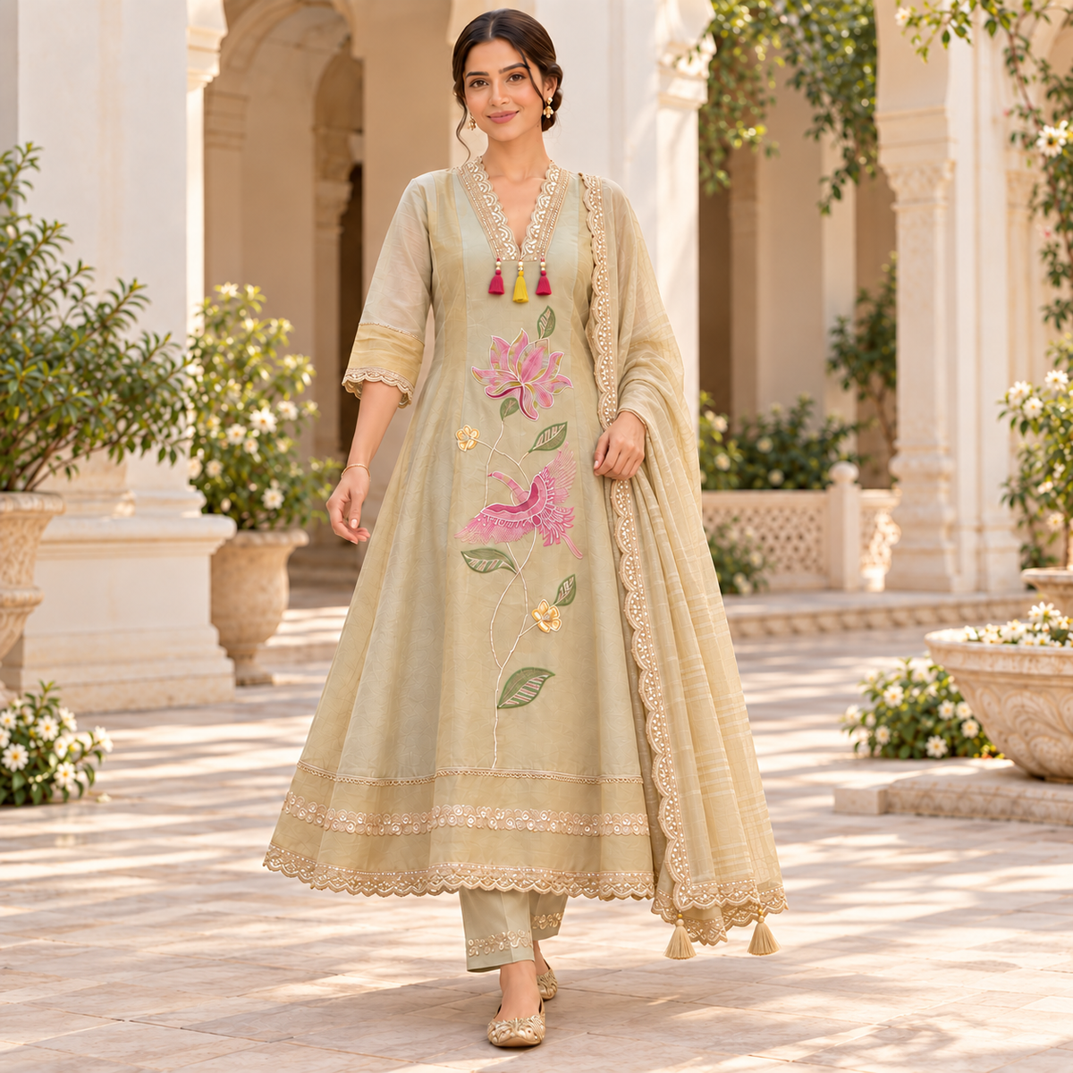 Golden cream embroidered A-line suit for women with pink bird and floral motifs, matching pants and embellished dupatta