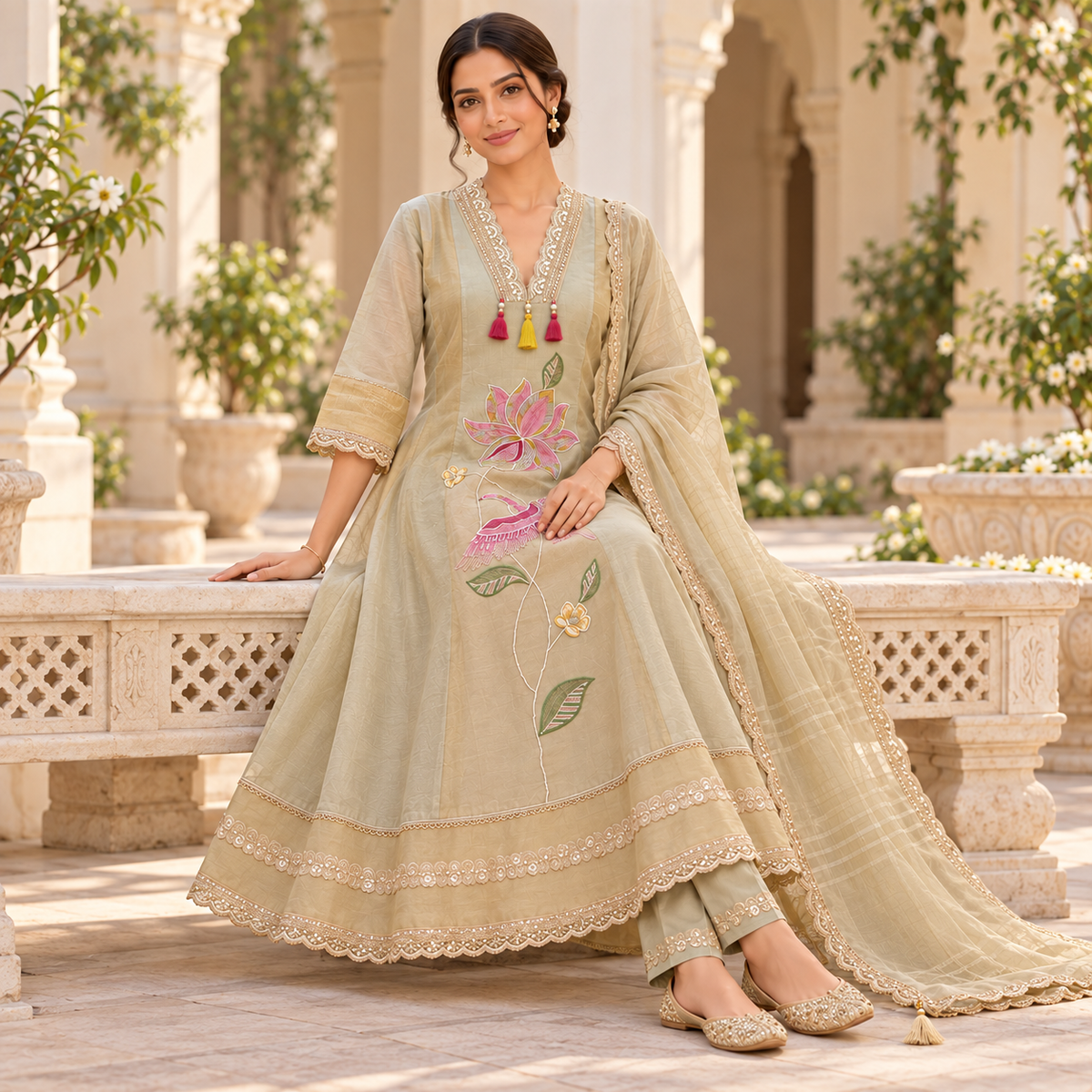 Golden cream embroidered A-line suit for women with pink bird and floral motifs, matching pants and embellished dupatta