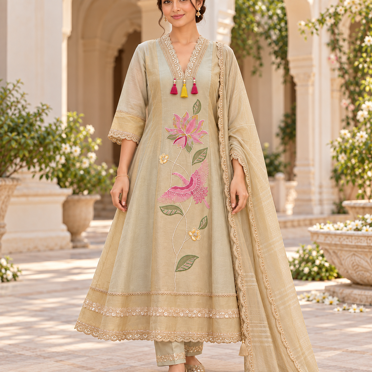 Golden cream embroidered A-line suit for women with pink bird and floral motifs, matching pants and embellished dupatta