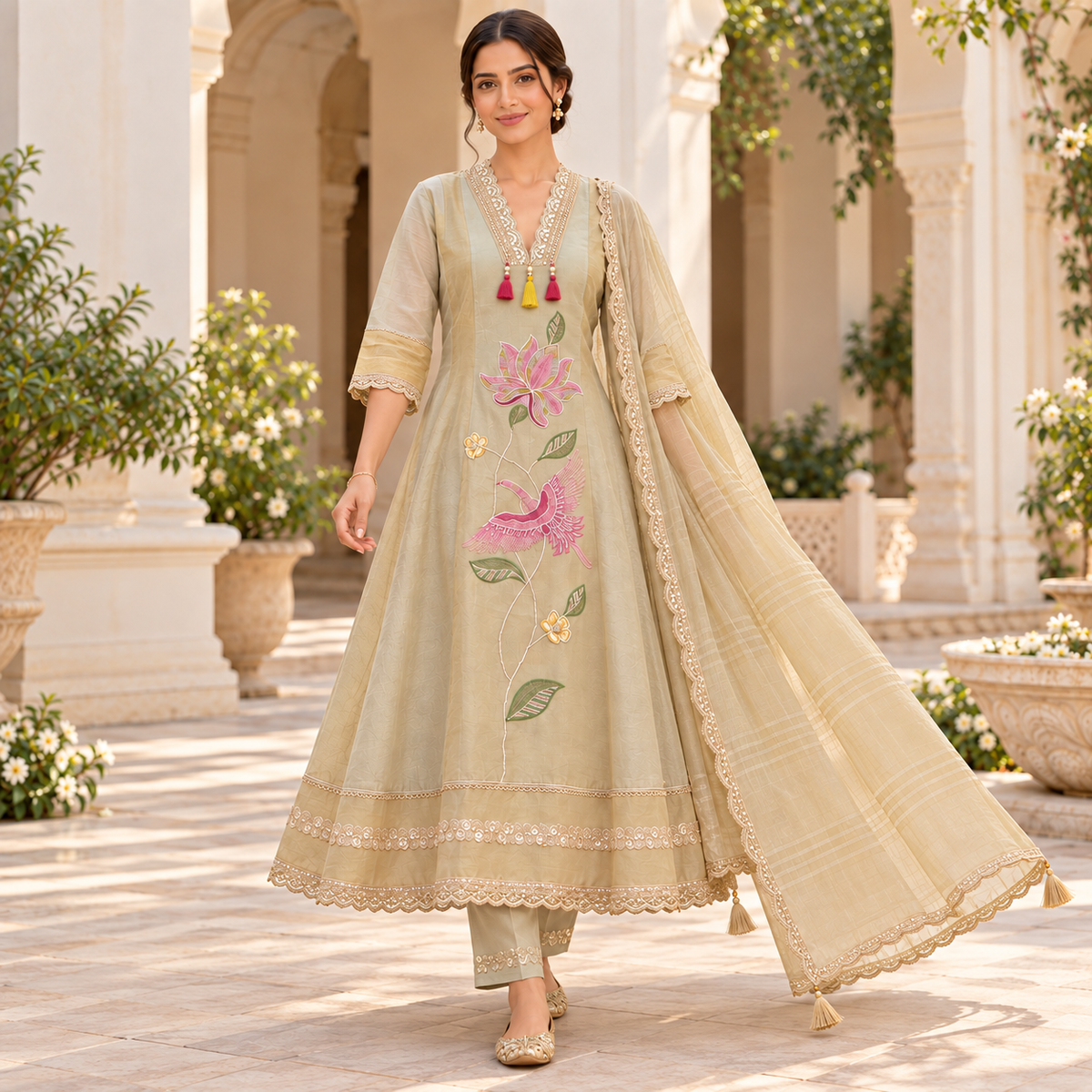 Golden cream embroidered A-line suit for women with pink bird and floral motifs, matching pants and embellished dupatta
