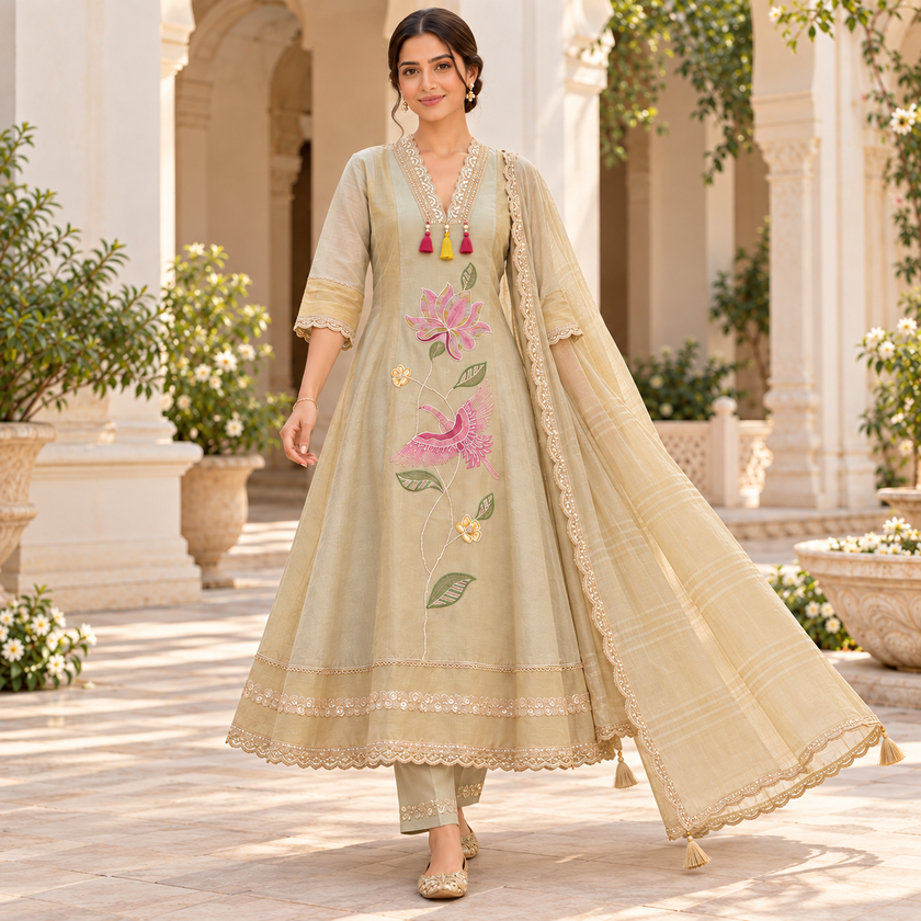 Golden cream embroidered A-line suit for women with pink bird and floral motifs, matching pants and embellished dupatta