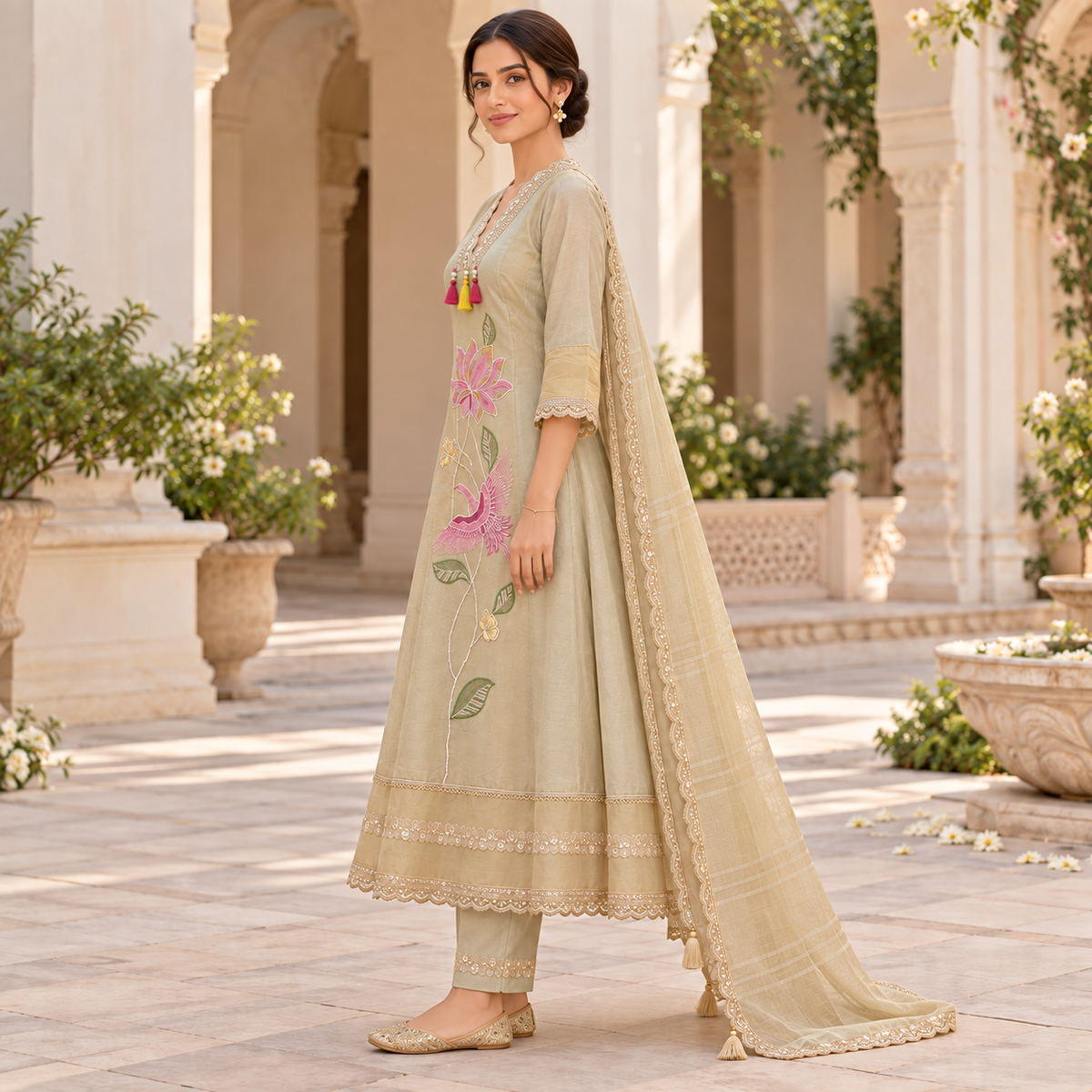 Golden cream embroidered A-line suit for women with pink bird and floral motifs, matching pants and embellished dupatta