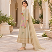 Golden cream embroidered A-line suit for women with pink bird and floral motifs, matching pants and embellished dupatta