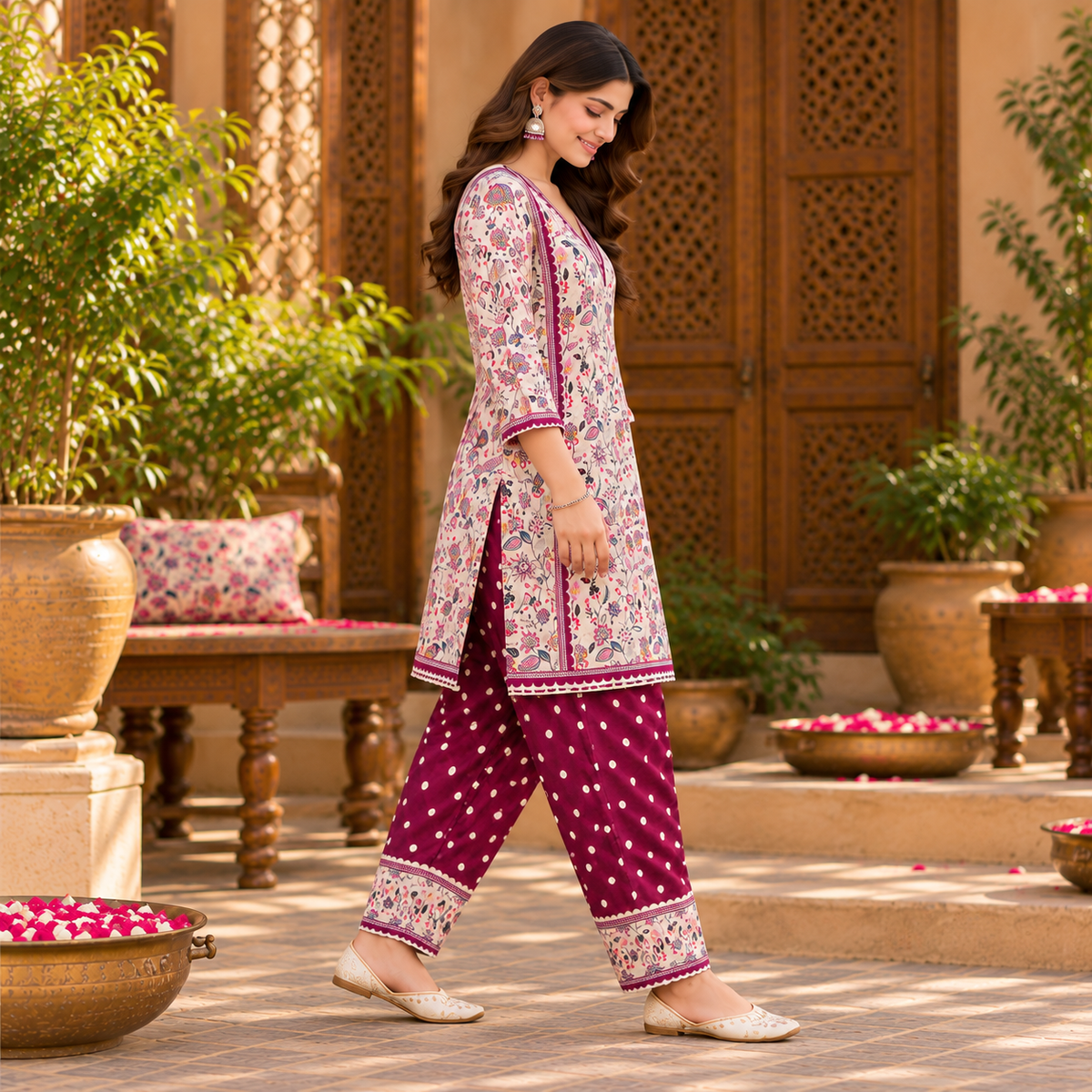 Floral Wine-Cream Woolen Farshi Salwar