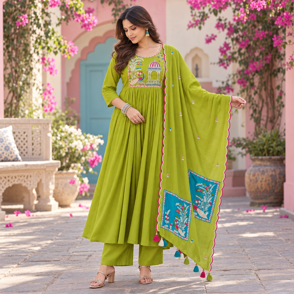 Green Peacock A-Line Dupatta Suit