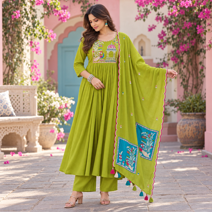 Green Peacock A-Line Dupatta Suit