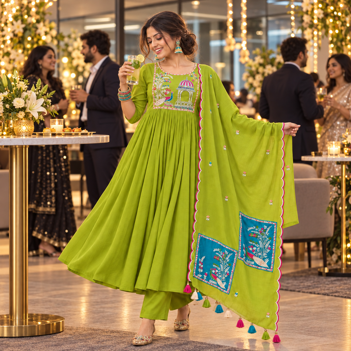 Green Peacock A-Line Dupatta Suit