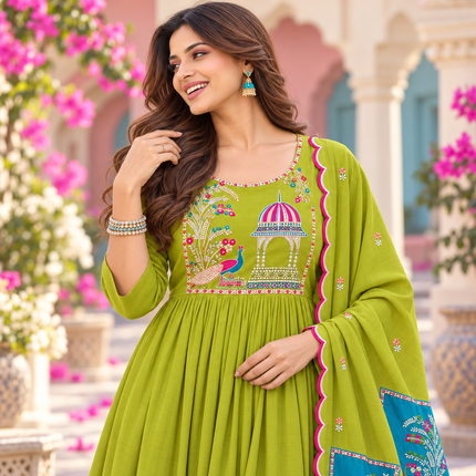 Green Peacock A-Line Dupatta Suit