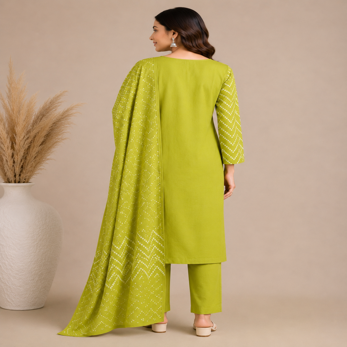 Green Bandhej 3 piece suit for women with printed kurta, pants and dupatta