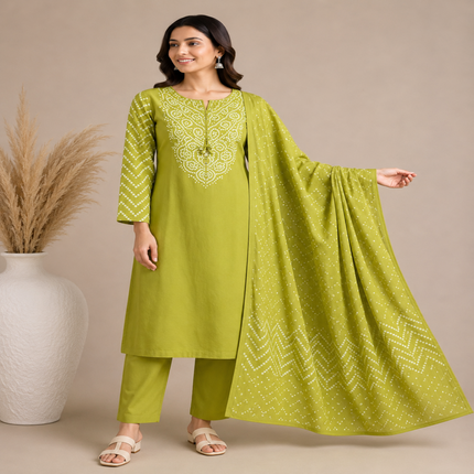 Green Bandhej 3 piece suit for women with printed kurta, pants and dupatta