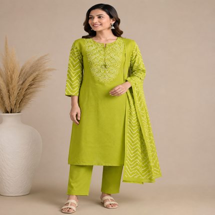 Green Bandhej 3 piece suit for women with printed kurta, pants and dupatta